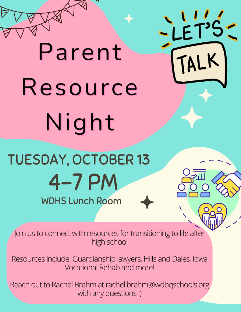 Parent Resource Night flyer for Tuesday, October 13, 4–7 PM in the WDHS Lunch Room, offering post-high-school transition resources.