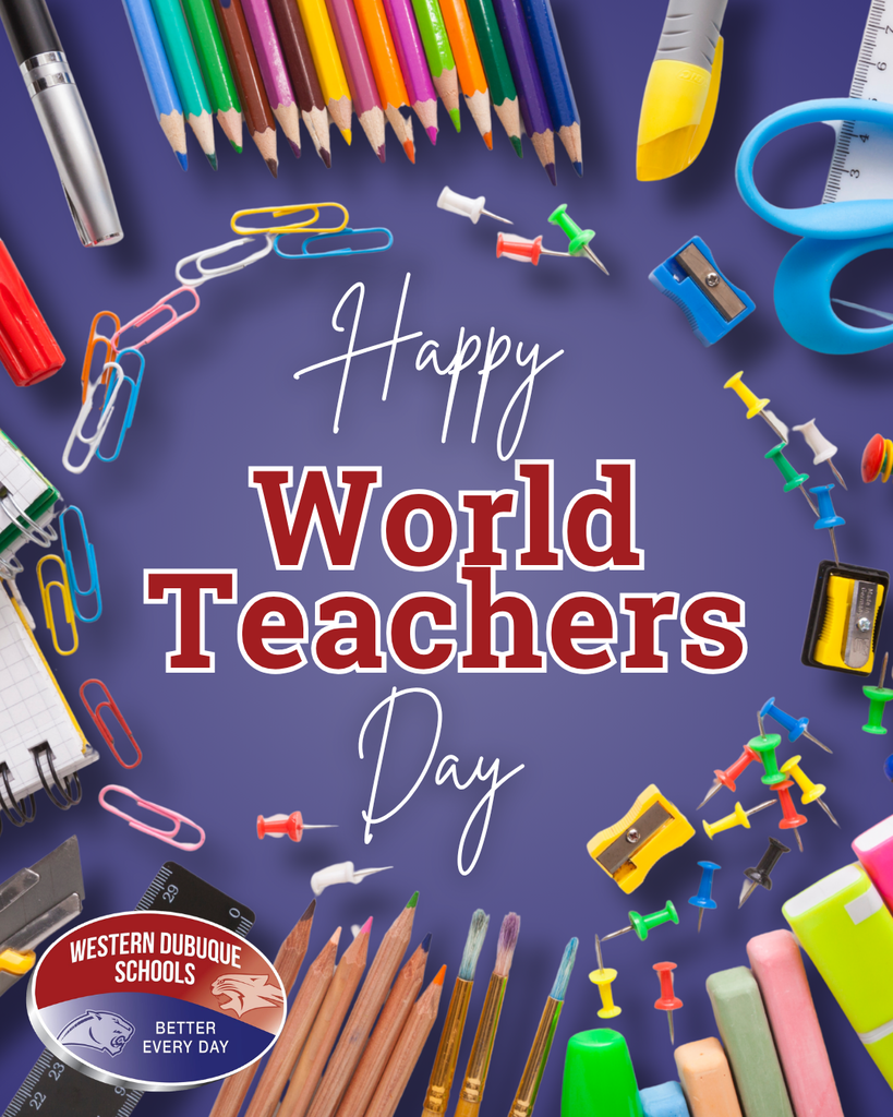 Happy World Teachers’ Day message surrounded by colorful pencils, scissors, paper clips, pushpins, rulers, and school supplies.