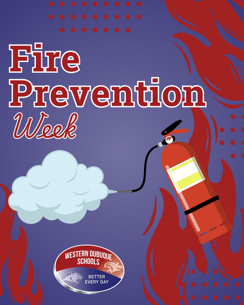 Fire Prevention Week message with a fire extinguisher spraying foam, surrounded by stylized red flames on a purple background.