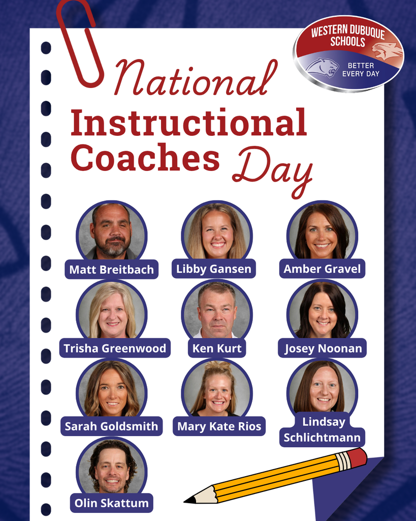 National Instructional Coaches Day graphic featuring headshots and names of 10 Western Dubuque Schools instructional coaches.