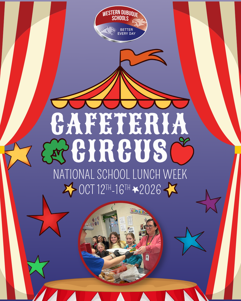 Circus-themed poster celebrates National School Lunch Week, October 12–16, 2026, featuring students and cafeteria staff.