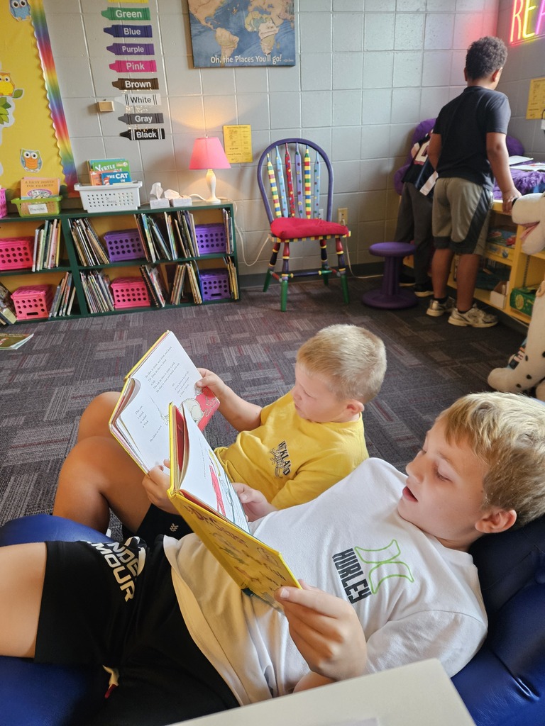 Two boys relax on blue cushions while reading picture books in a colorful classroom reading corner.