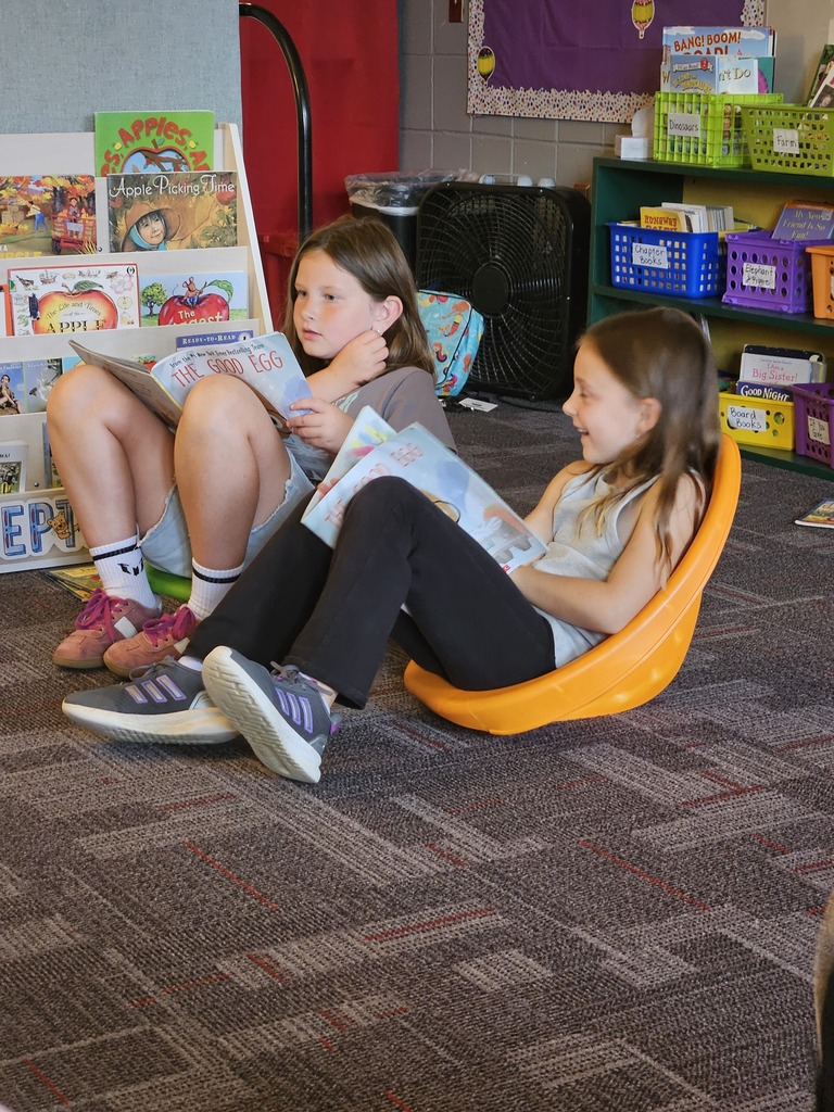 Two girls enjoy reading picture books in colorful floor chairs surrounded by classroom bookshelves.