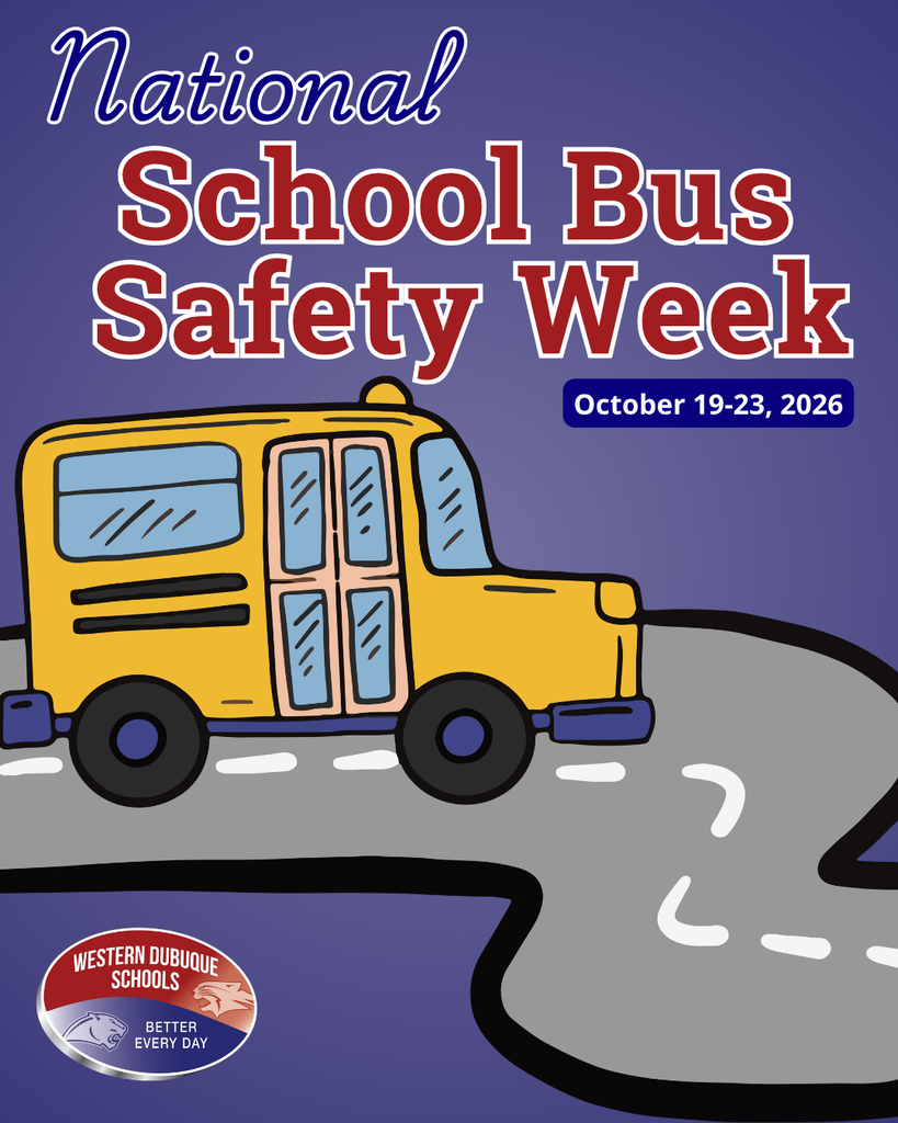 National School Bus Safety Week, October 19–23, 2026, featuring a yellow school bus and Western Dubuque Schools logo on a purple background.
