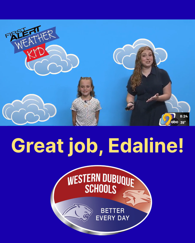 Little girl standing in front of weather screen