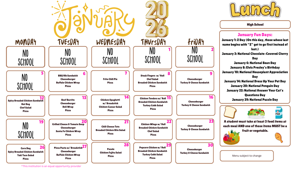 SY 25-26 January 2026 Menus