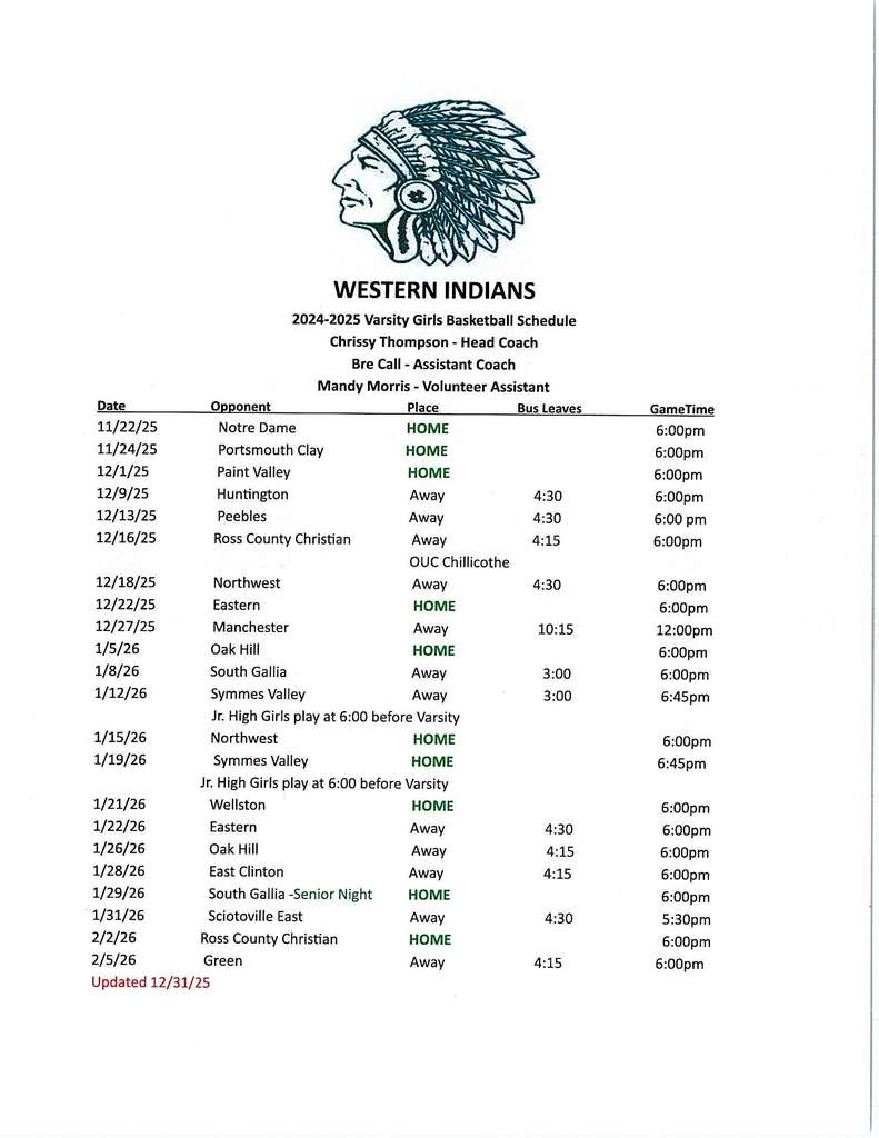 Varsity Girls Basketball Updated Schedule