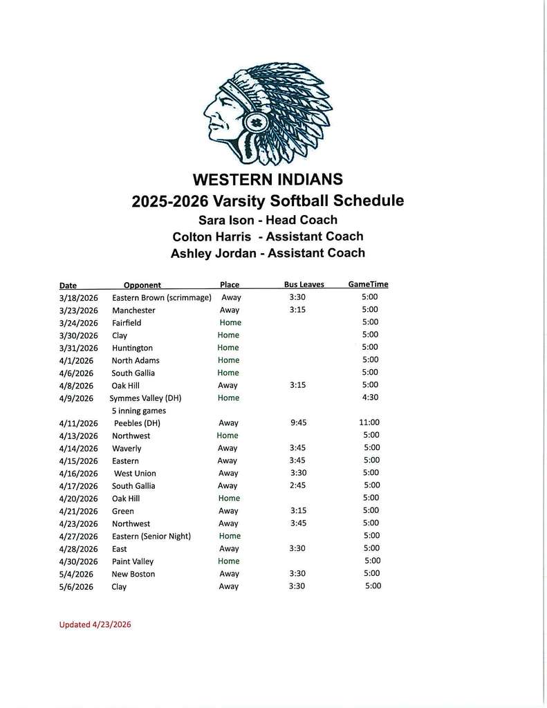 Updated Schedule - No Minford Game