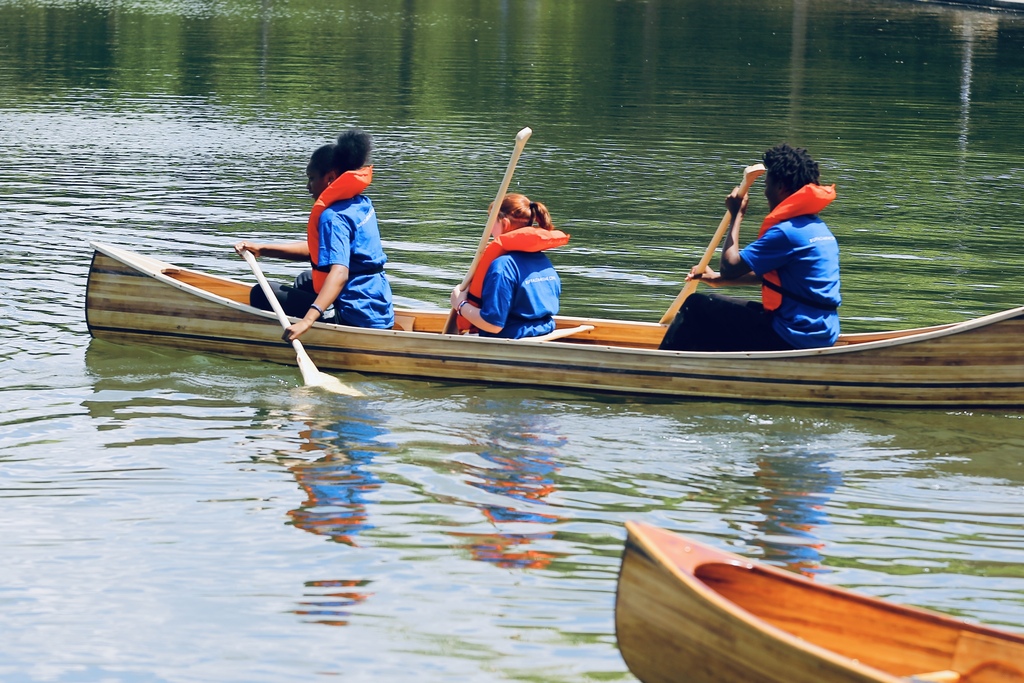 launched their canoes at Hoyt Lake-  grand finale of our canoe-building adventure!