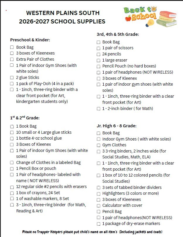 2026-2027 South Supply List