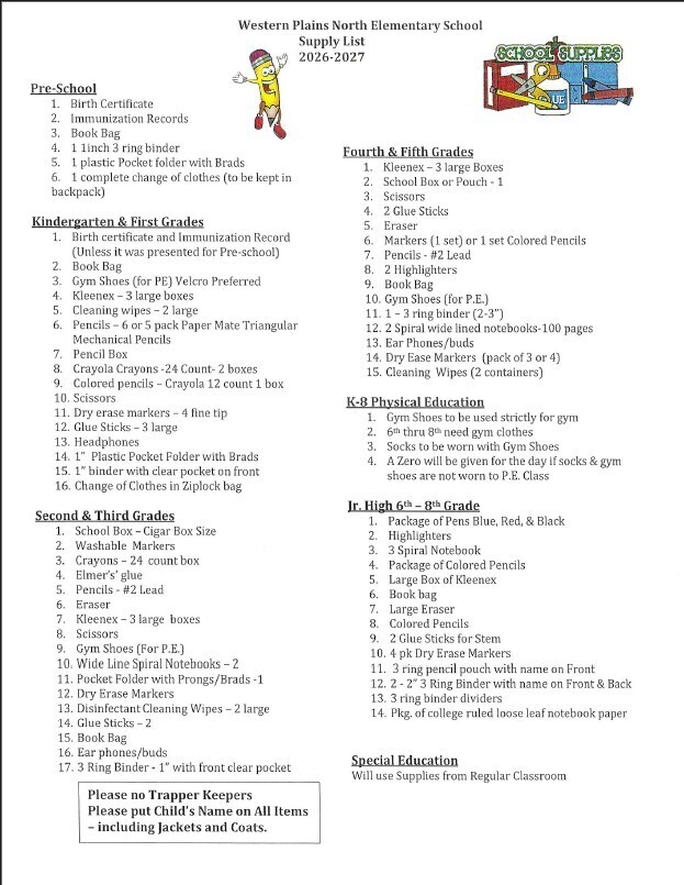 2026-2027 North Supply List