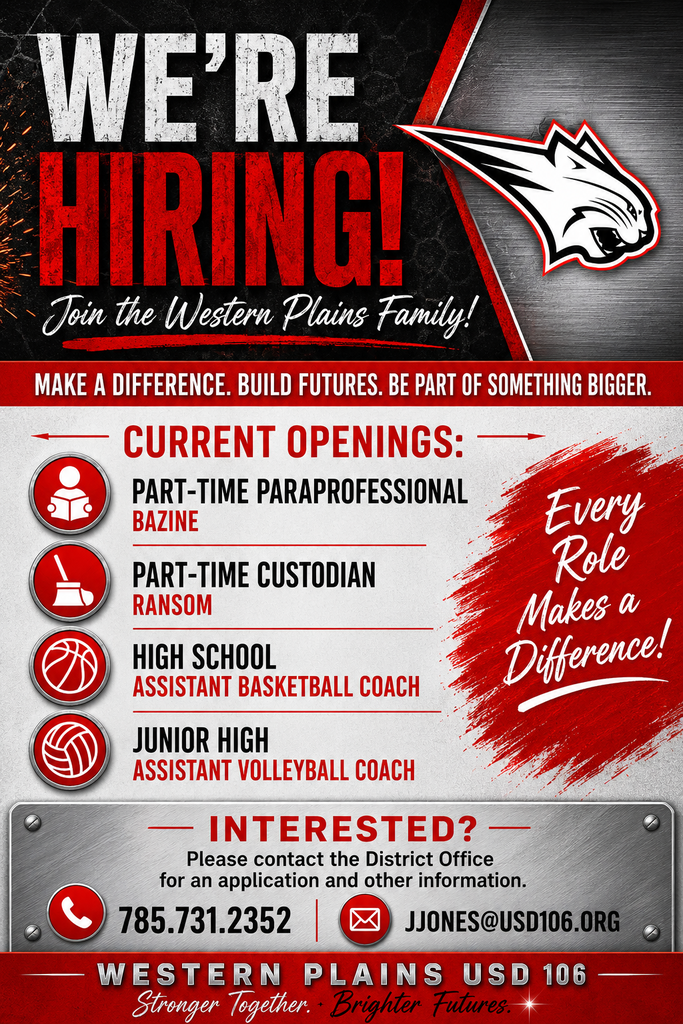 Recruitment poster for Western Plains USD 106 announcing four job openings: Part-Time Paraprofessional (Bazine), Part-Time Custodian (Ransom), High School Assistant Basketball Coach, and Junior High Assistant Volleyball Coach. Contact the district office at (785) 731-2352 or JJONES@USD106.ORG for an application.