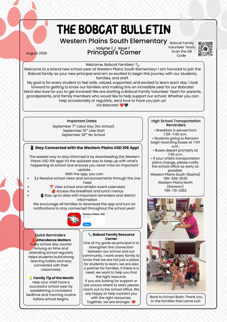 Bobcat Bulletin, Principal's Corner, Western Plains South Elementary and Junior High