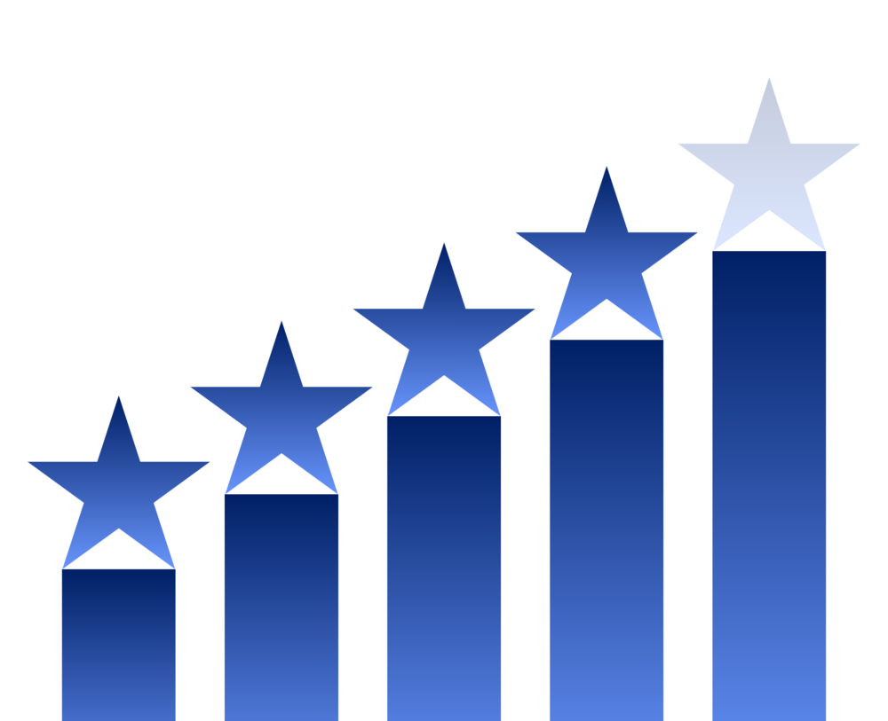 Graphic of five ascending blue bar chart columns, each topped with a star.