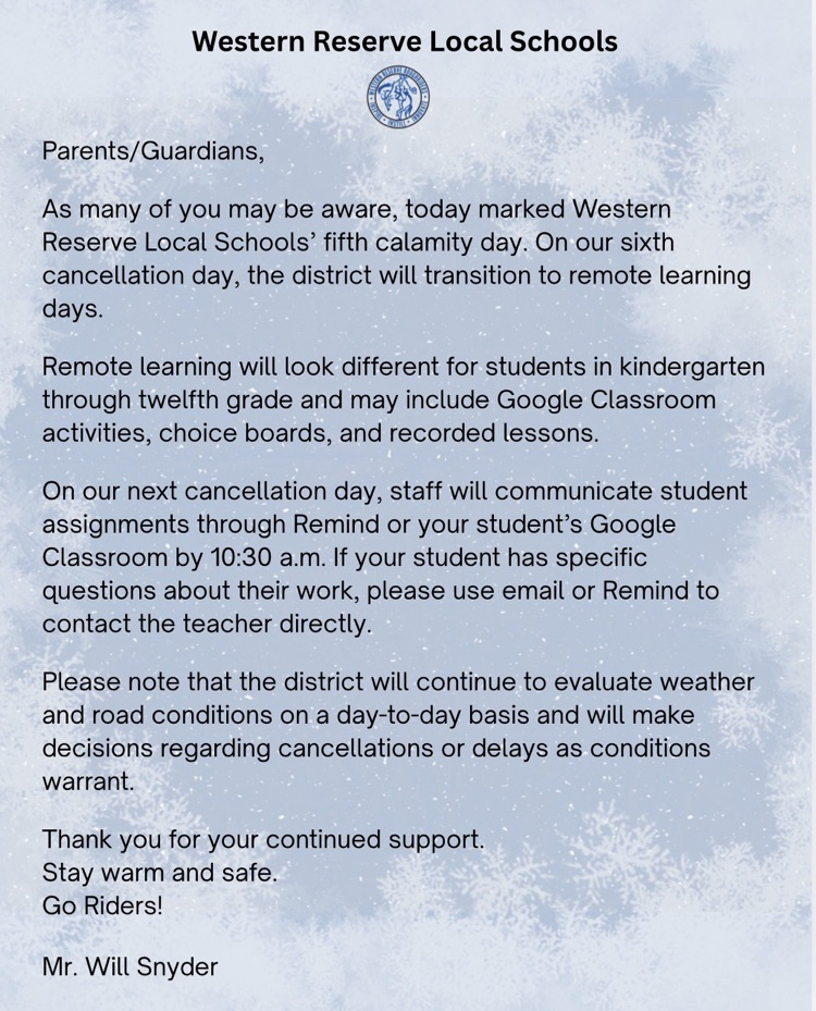 letter from our superintendent about calamity days