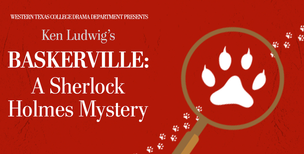Baskerville play poster with magnifying glass and paw print trail.
