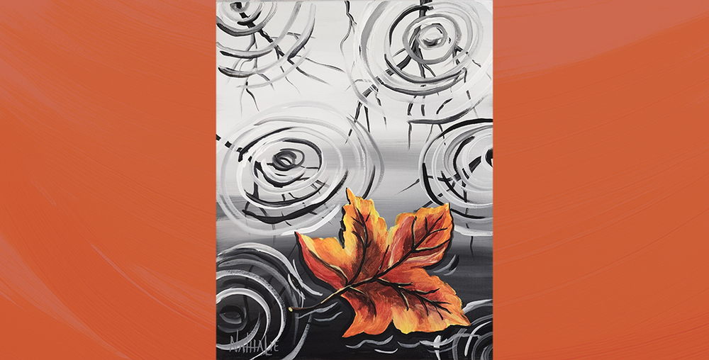 Painting of a fall leaf in the water on orange background