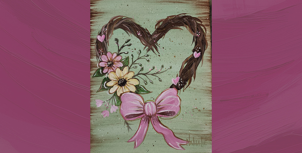 Painting of heart wreath with flowers and pink bow