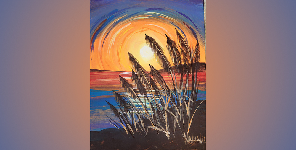 Painting of reeds by a lake at sunset