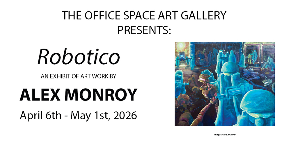 Office Space Art Gallery presents Robotico by Alex Monroy with painting of blue military robots