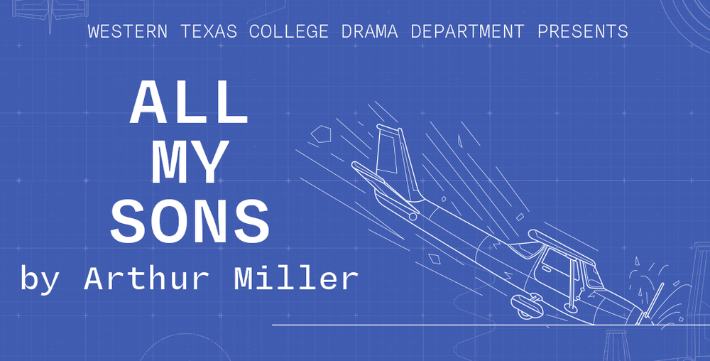 Title of play and author with a blueprint-style drawing of a single engine plane crashing.