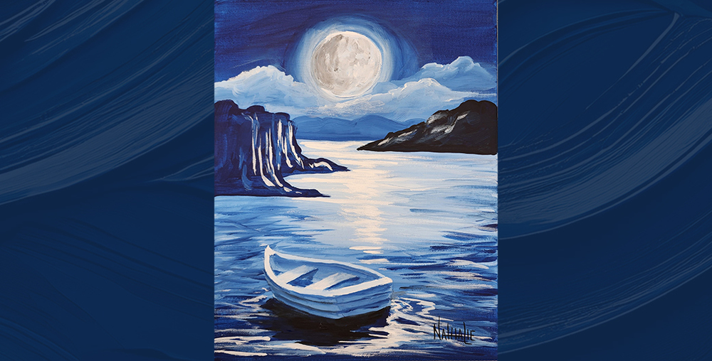 Painting of a boat on the river under the moonlight