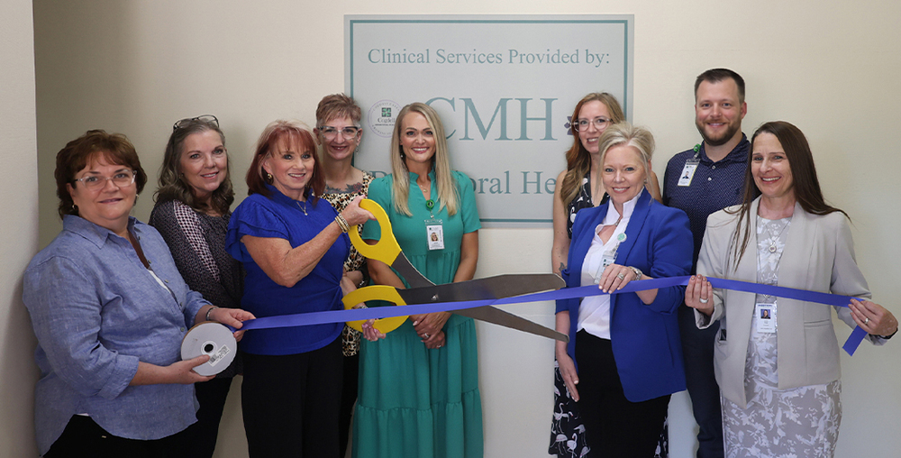 (Left to right) Jennifer Calley, Director for the Carol Wolfe Foundation; Laura Caswell, WTC Assistant Vice President for Enrollment; Angie Strickland, Executive Director for the Carol Wolfe Foundation; Karla Payne, LPC - CMH Behavioral Health; Larissa Wall, LPC-Associate - CMH Behavioral Health; Rachael Dupree-Beynon, LMFT - CMH Behavioral Health; TeriJo Gonzales, MA, LPC-S, Director of CMH Behavioral Health Strategic Planning and Director of Cogdell Cares & Growing in Grace Clinics; Collin McLarty, Chief Executive Officer of Cogdell Memorial Hospital; Dr. Laurie Sharp, WTC President.