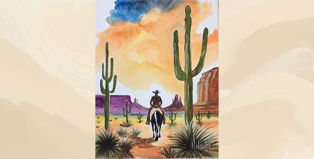 Painting of a cowboy riding off in the sunset