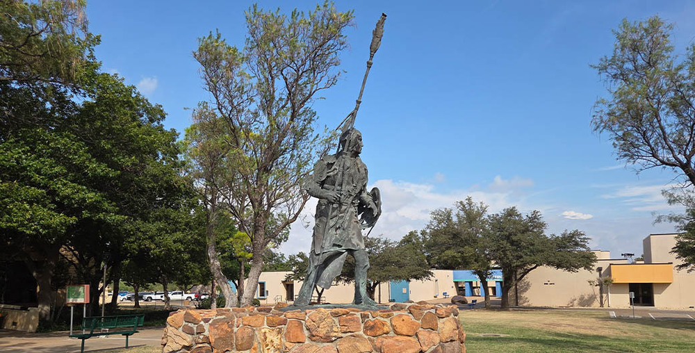 The Quanah Parker statue, crafted by Abilene artist Terry Gilbreth, stands on the front of the Western Texas College campus next to the Scurry County Museum.