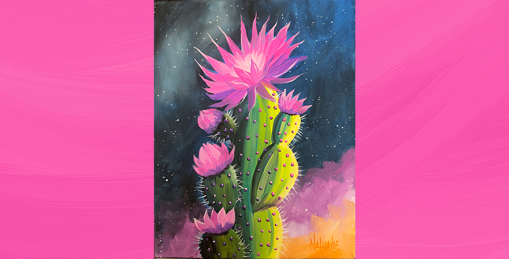 Painting of a cactus with pink flowers