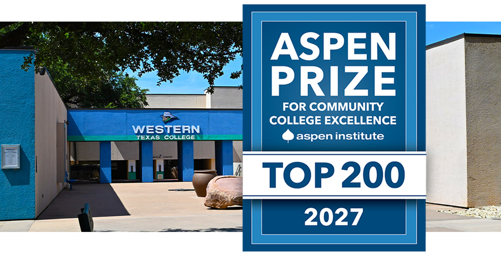 A logo in blues and whites that reads Aspen Prize for  Community College Excellence - Aspen Institute - Top 200 2027.