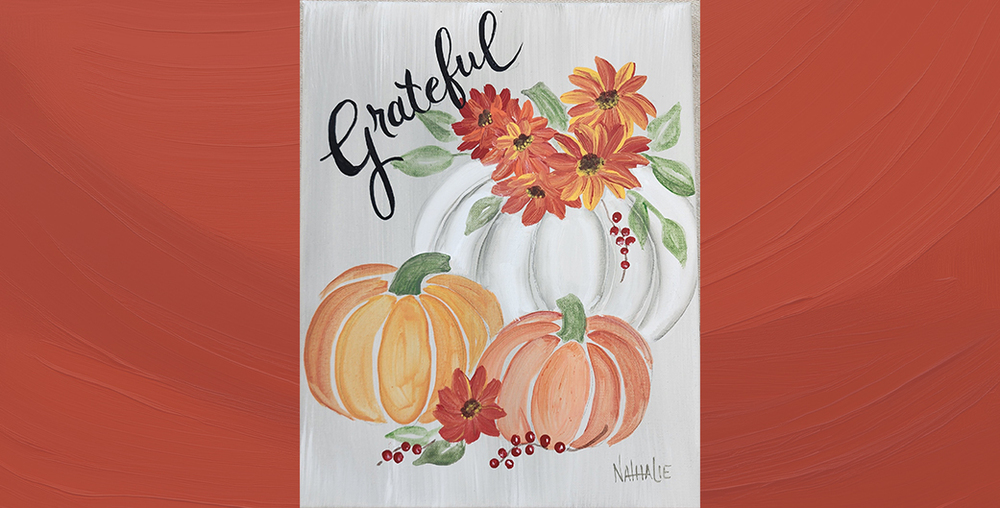 Painting of pumpkins and flowers on a grey background