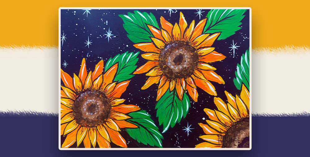 Painting of sunflowers on a blue starry background