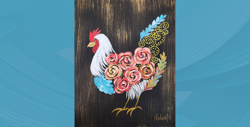 Painting of a rooster with floral feathers
