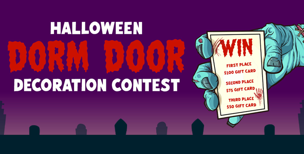 Background: Purple sky with gravestones. On top, zombie hand holding door with prizes listed