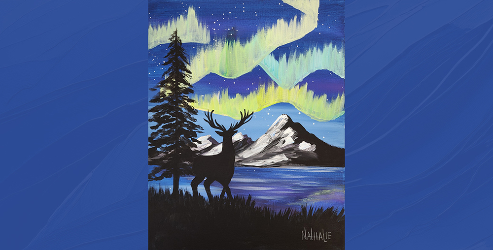 Painting of silhouette of a deer in the forest in front of northern lights