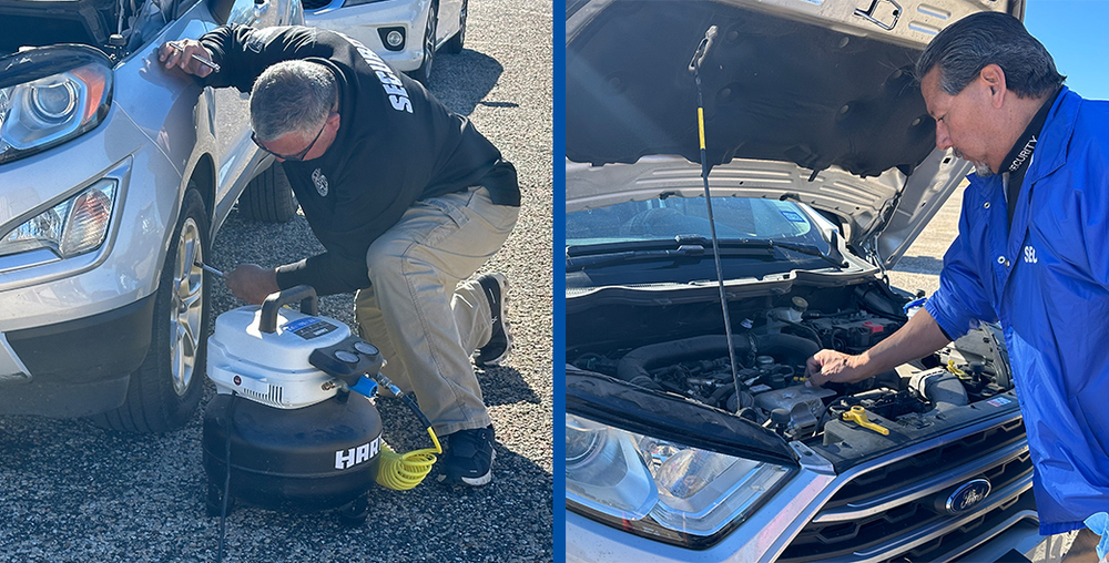 Left: Security checking tire pressure, Right: Security checking oil levels