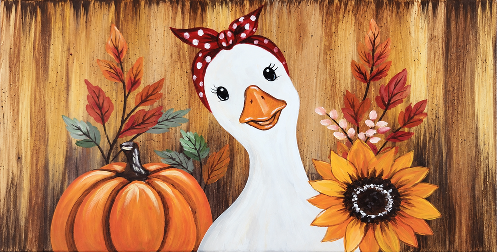 Fall-themed painting featuring a white goose wearing a red polka-dot headband, surrounded by a pumpkin, sunflower, colorful autumn leaves, and a rustic wooden background.