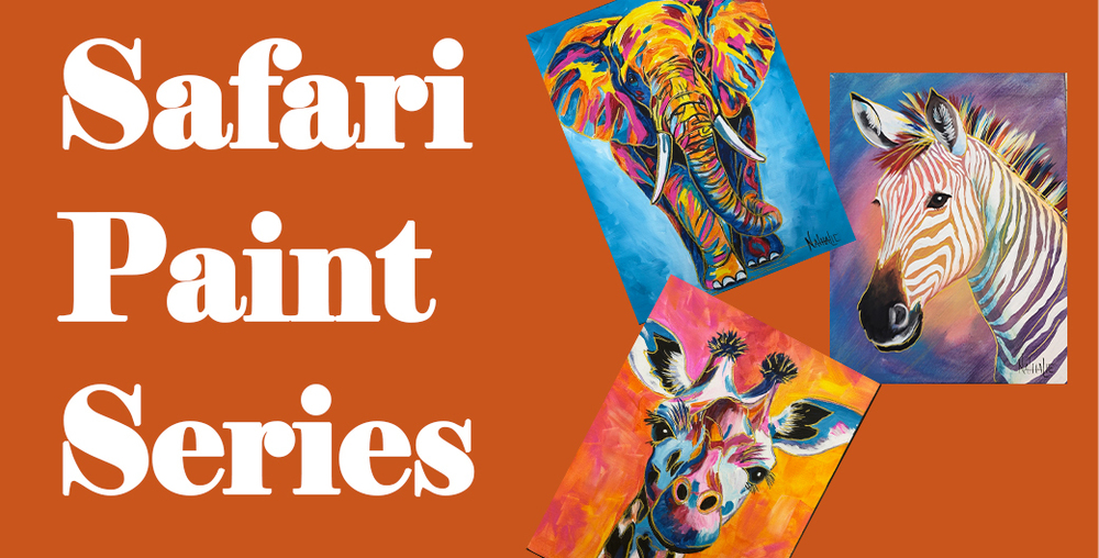 3 paintings of colorful elephant, giraffe, and zebra