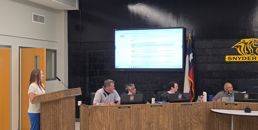 Western Texas College President Dr. Laurie Sharp at the Snyder ISD School Board meeting on August 20, 2026.