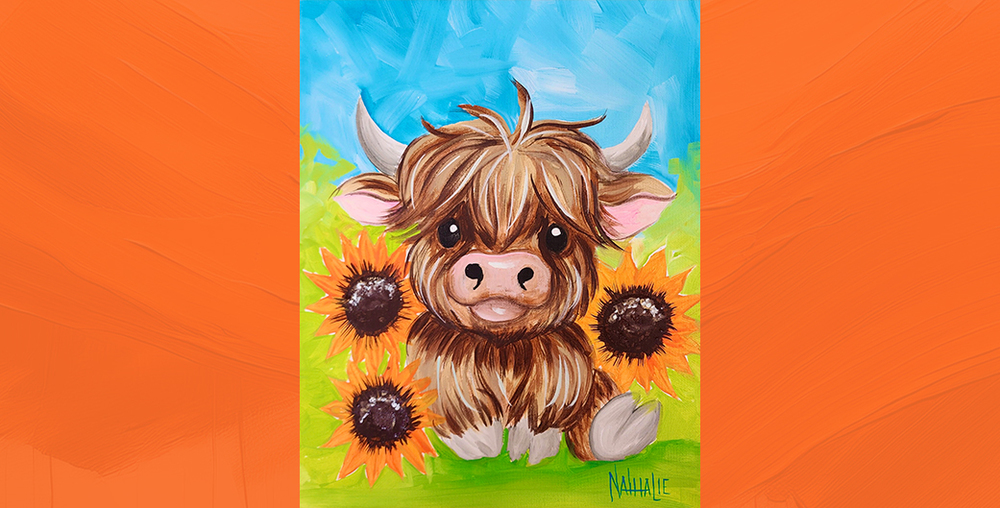 Painting of a highland cow on top of sunflowers