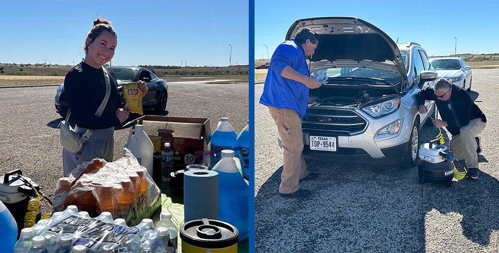 Left: Student holding snack at Vehicle Safety Check, Right: Security fixing vehicle