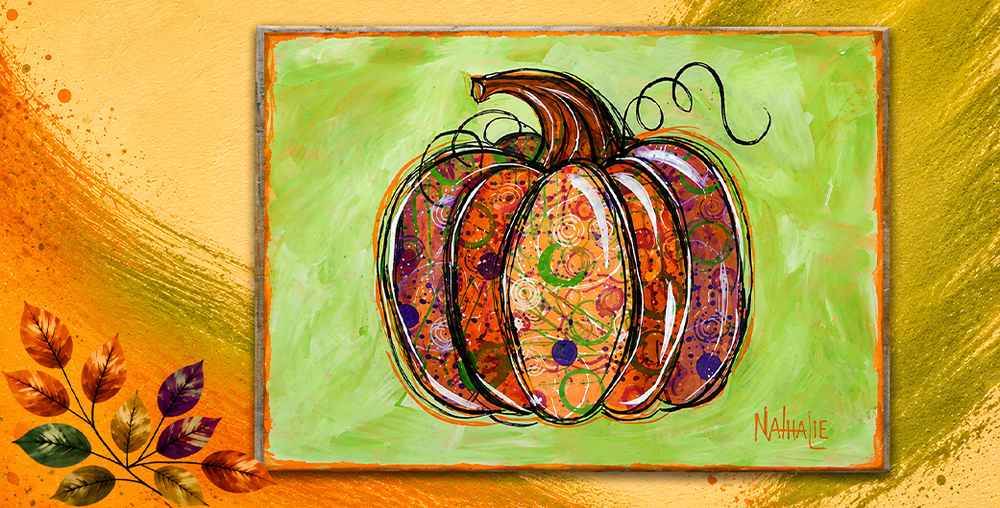 Painting of a colorful pumpkin