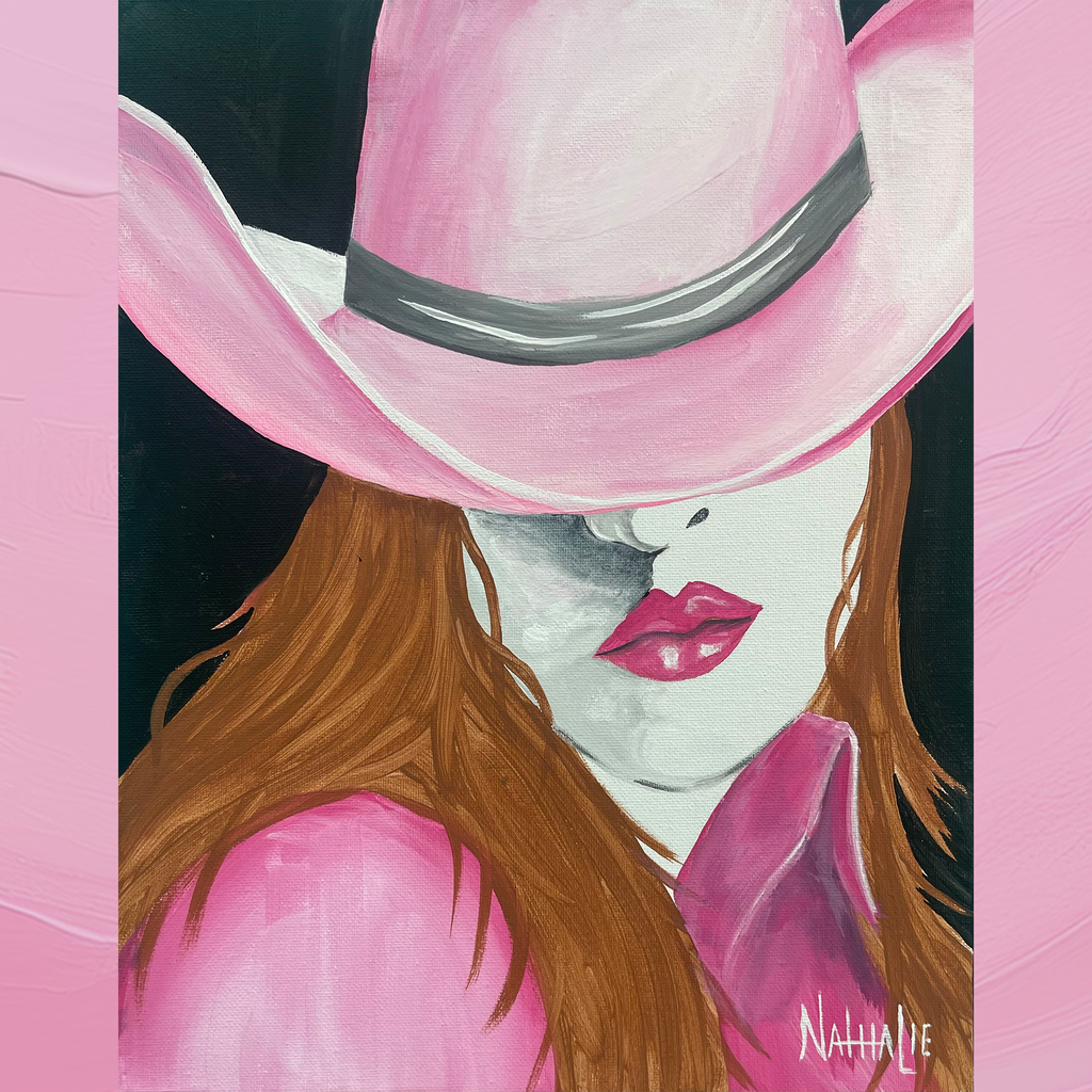 Painting of woman with pink cowboy hat