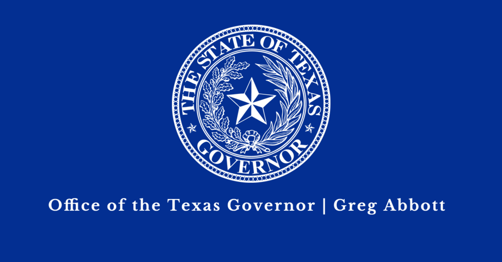 Official State of Texas Seal white with blue background - Office of the Texas Governor Greg Abbot.