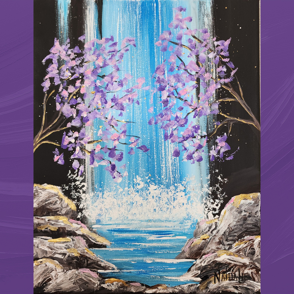 Painting of waterfall on purple background