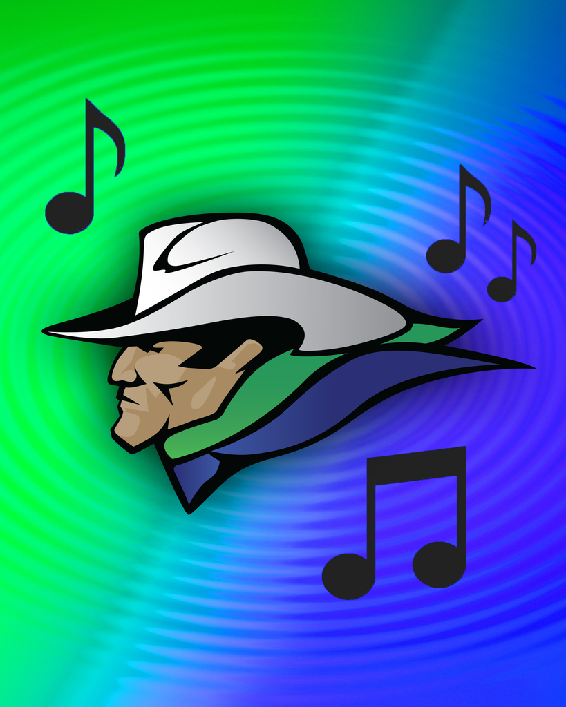 The "Dude" mascot surrounded by music notes on a blue and green gradient background.
