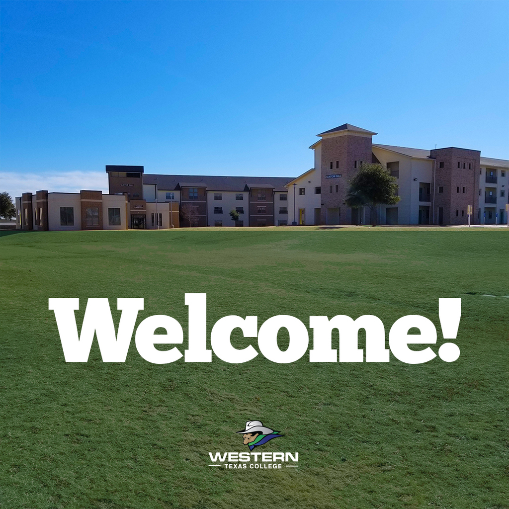 The dorms against a stunning blue sky with deep green grasss in front. The word "Welcome!" is overlaid on the photo.