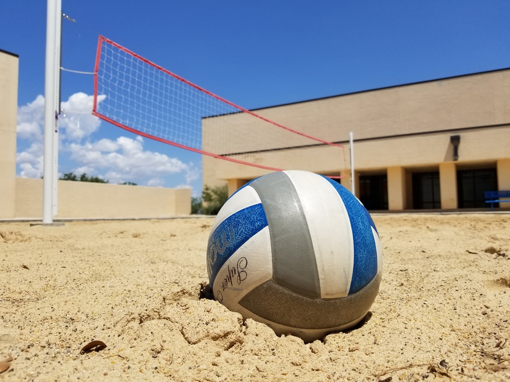 Closeup of a blue and white volleyball sitting on the sand with a net in the background.
