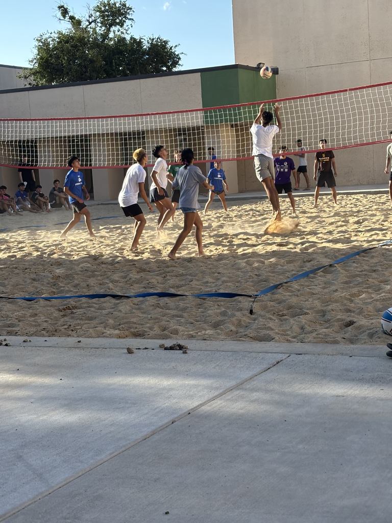 A player jumps in the air to hit the ball over the net while his teammates ready for the return.